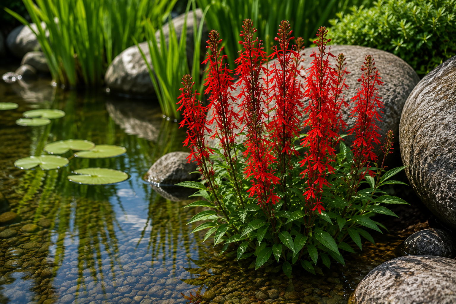 Rote Kardinalslobelie im GArtenteich als Wasserpflanze Rote Kardinalslobelie - Teichpflanze – Bild 1