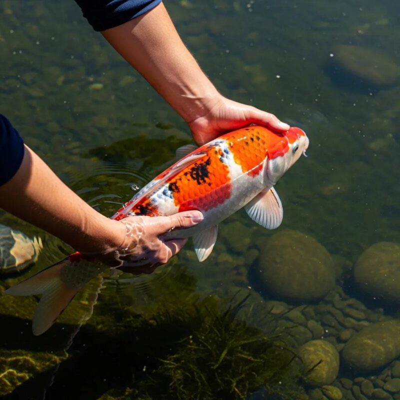 Close-up of a person inspecting a healthy koi fish in a clear pond
